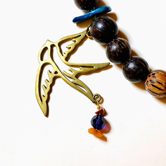 Handmade Golden Flight Bird and Wood Statement Necklace - Picture 1 of 12